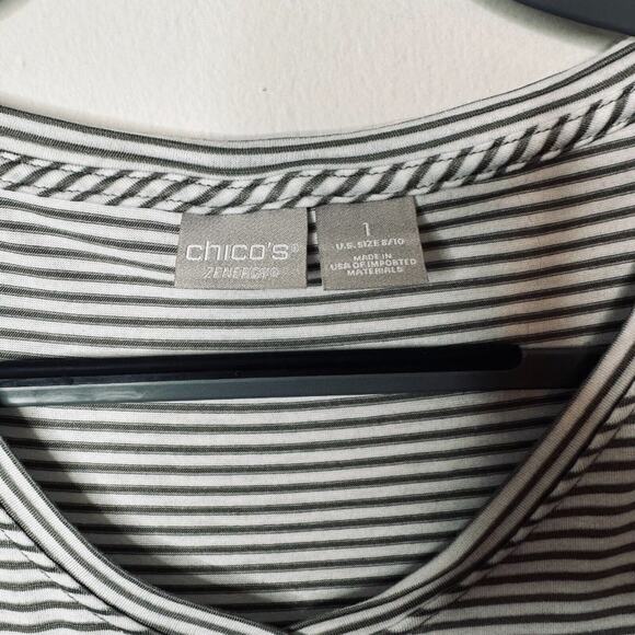 NWT Chico's Zenergy Wild At Heart Olive White Stripe V-Neck Tee  1 - Picture 6 of 13